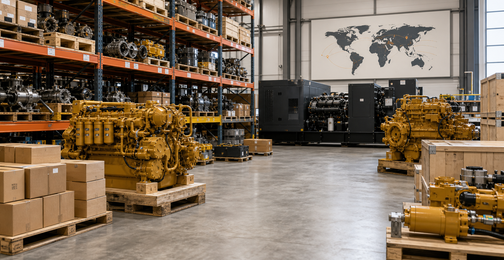 Global industrial parts warehouse with engines, generator sets, and export-ready inventory