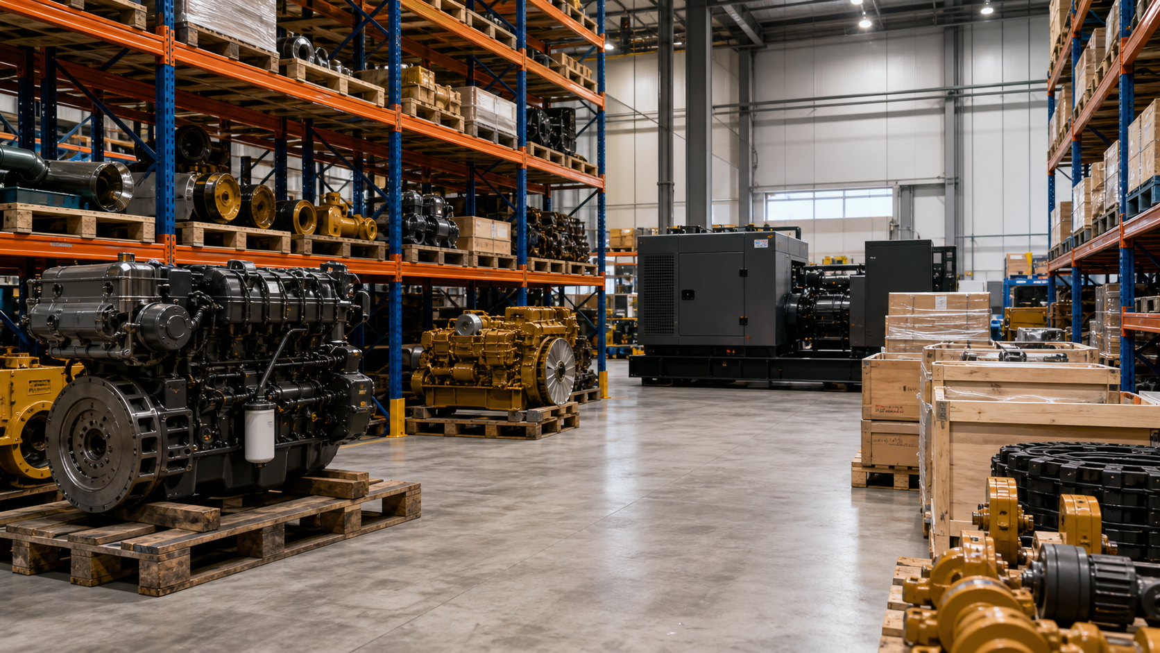 Industrial parts warehouse with machinery and generator equipment